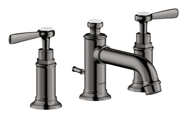 Bild von hansgrohe AXOR MONTREUX 3-Loch Waschtischarmatur 30, Zugstangen-Ablaufgarnitur, Hebelgriffe, Ausladung 142mm, Farbe: Polished Black Chrome