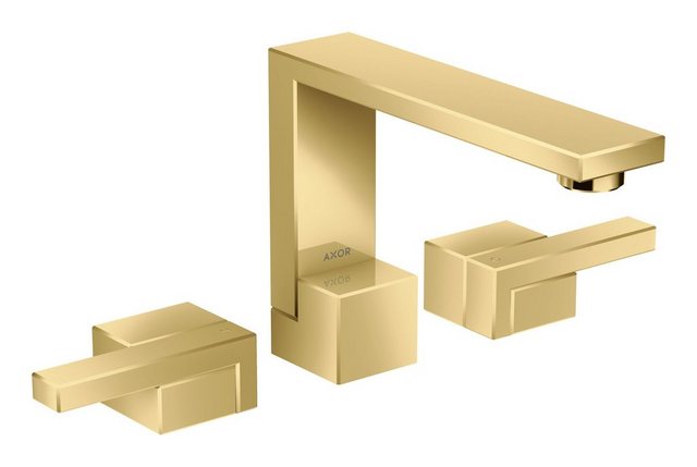 Bild von hansgrohe AXOR Edge 3-Loch Waschtischarmatur 130 mit Push-Open Ablaufgarnitur, Farbe: Polished Gold Optic