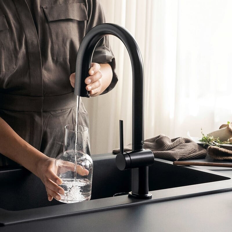 Bild von Hansgrohe Aqittura M91 Küchenmischer, Starter Set, FilterSystem 210, ausziehbar bis 50cm, 1jet, 76801, Farbe: Schwarz Matt