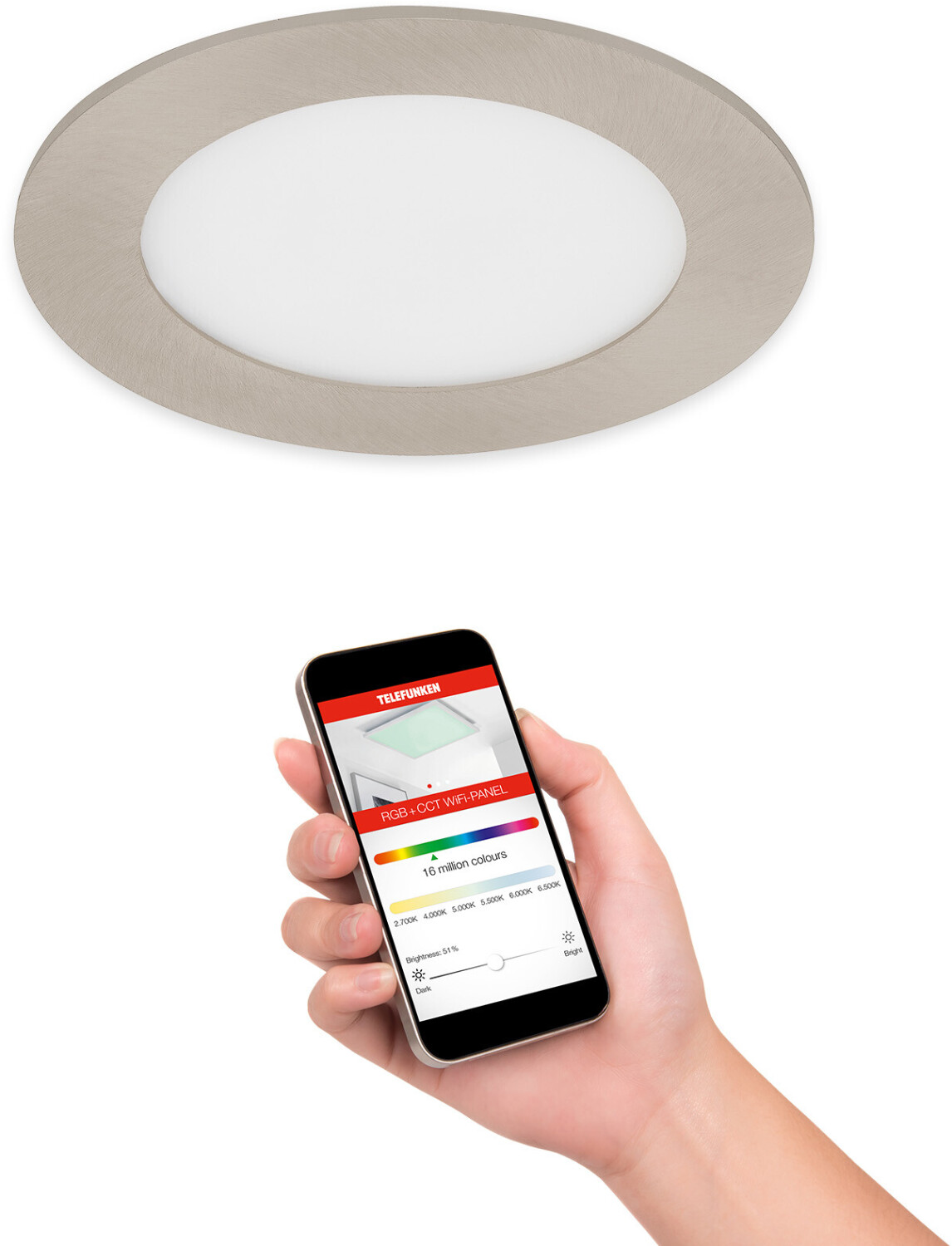 Bild von Telefunken LED Einbauleuchte 309302TF, Dimmfunktion, Farbsteuerung, Farbwechsel, mehrere Helligkeitsstufen, 309, LED fest verbaut, Farbwechsler, Kaltweiß, Neutralweiß, Tageslichtweiß, Warmweiß, Appsteuerung, RGB, CCT Sprachsteuerung, ultraflach, matt-nickel