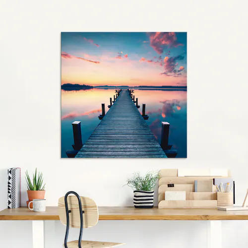 Bild von ARTland Wanddeko Glasbilder Wandbild Glas Bild einteilig 80x60 cm Querformat Natur Landschaft See Sonnenuntergang Steg Pier Wald Himmel Sonne T9QL
