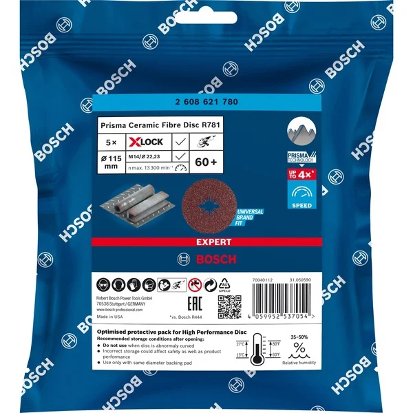Bild von Bosch Professional Zubehör, Schleifmittel, EXPERT R781 Prisma Ceramic Fiberscheibe, X-LOCK, 115 mm, 22,23 mm, G 60, 5-tlg. (60)