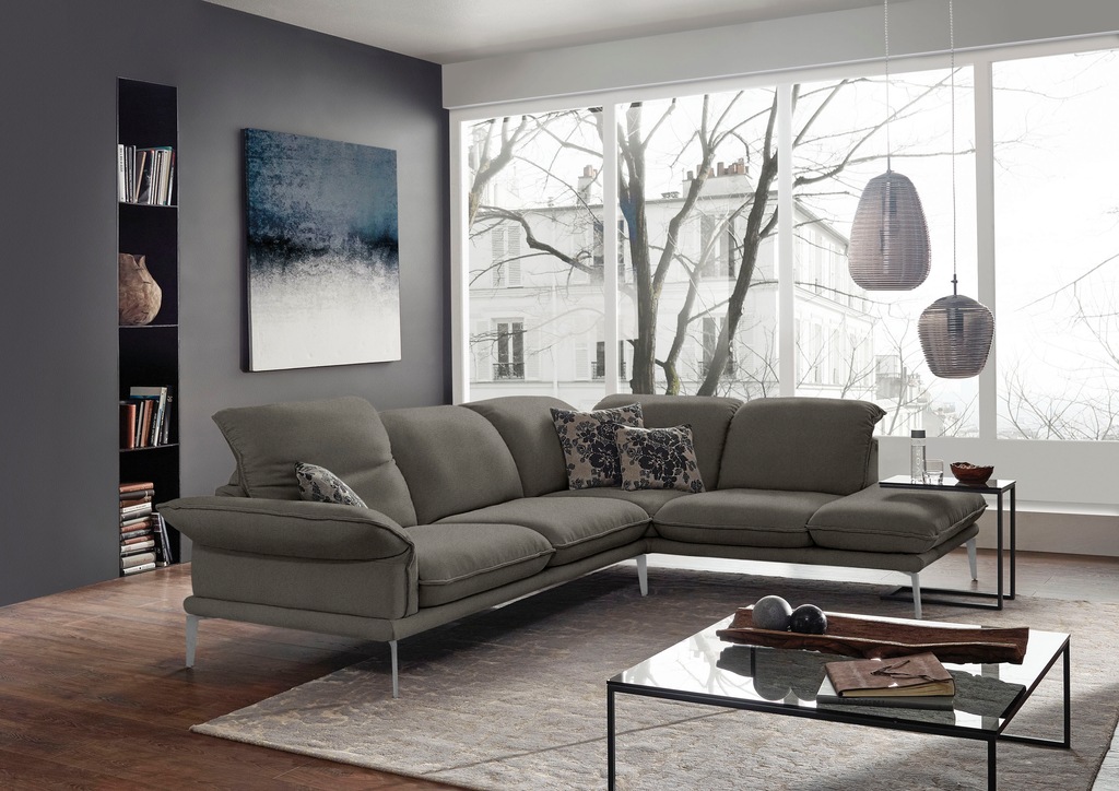 Bild von W.SCHILLIG Ecksofa »sherry, Designsofa mit tollem Sitzkomfort, elegant und zeitlos, L-Form«, Kopfstützenverstellung, Winkelfüße in Chrom glänzend, Breite 302 cm