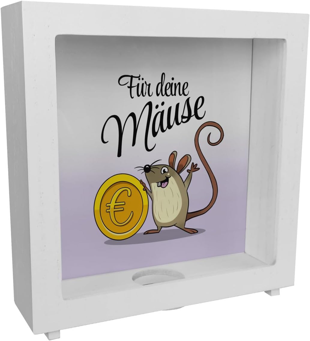 Bild von Rahmen Spardose aus Holz für Kinder mit süßer Maus und Münze sowie Spruch - Für Deine Mäuse ausgefallene Geschenkidee zum Kindergeburtstag für das Kinderzimmer oder zur