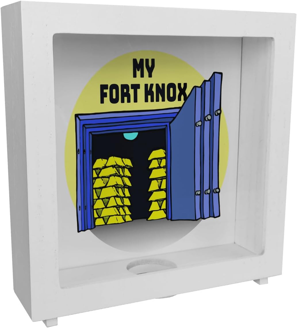 Bild von My Fort Knox Rahmen Spardose aus Holz mit Tresor und Goldbarren Motiv schöne Sparbüchse als Geschenk für Sparfüchse die Fort Knox mögen und Ihr Geld in einem Sparschwein sparen