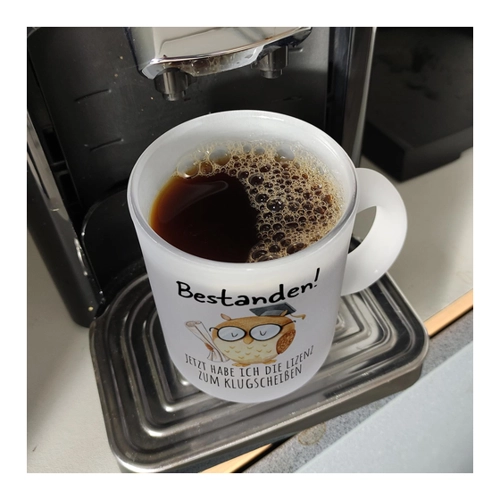 Bild von Bestandene Prüfung Eule Glas Tasse mit Spruch - Lizenz zum Klugscheißen