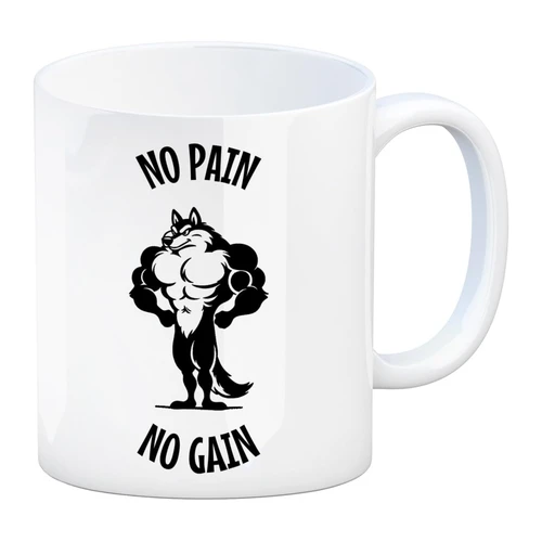 Bild von speecheese Tasse Muskulöser Fitness-Wolf Kaffeebecher mit Spruch NO PAIN NO GAIN, Muskulöser Fitness-Wolf Kaffeebecher mit Spruch NO PAIN NO GAIN Fitness-Wolf Tasse Oberkörper Präsentiert Bizeps Zeigt Kraft Stärke Muskulöser Motivationsbecher