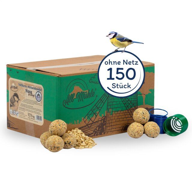 Bild von Lyra Pet® | 150 Meisenknödel aus der ALB-MÜHLE Vollkorn & Nuss ohne Netz + 2 Spender | Ganzjähriges Vogelfutter | Energielieferant für Wildvögel | Mineralstoffreiches Fettfutter mit Erdnüssen