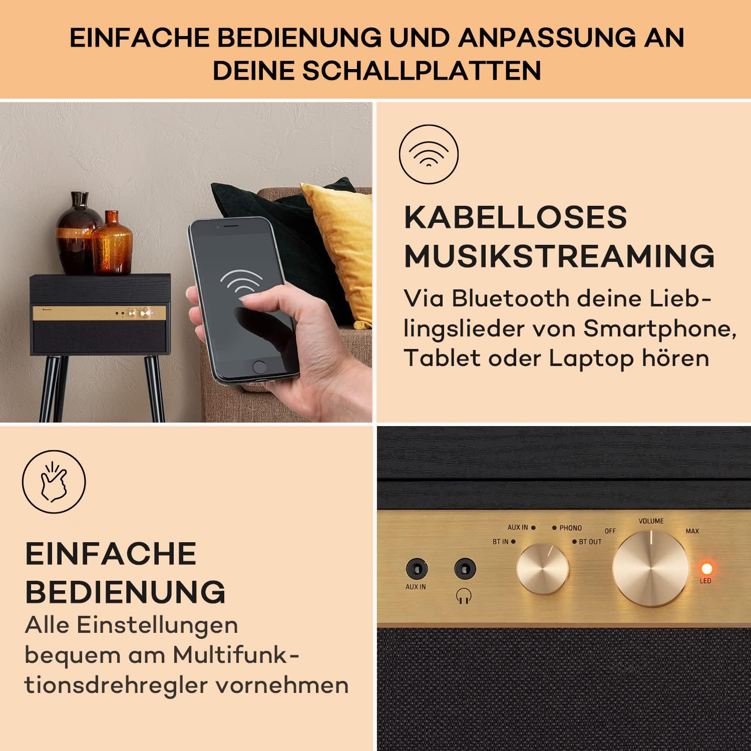 Bild von Auna Plattenspieler mit Lautsprecher, Plattenspieler mit Bluetooth & Standfüßen, Retro-Schallplattenspieler mit Bluetooth Transmitter & Receiver, Moderner Vinyl-Plattenspieler für Schallplatten