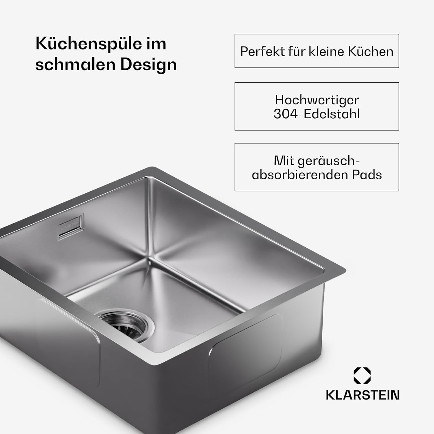 Bild von Klarstein Spülbecken – 304 Hochwertige Edelstahl-Küchenspüle mit Eckigem Design, Kratzfest & Hitzebeständig, Inkl. Überlauf & Einbausatz, 45x39 cm, Für Unterschränke, Leicht zu Reinigen