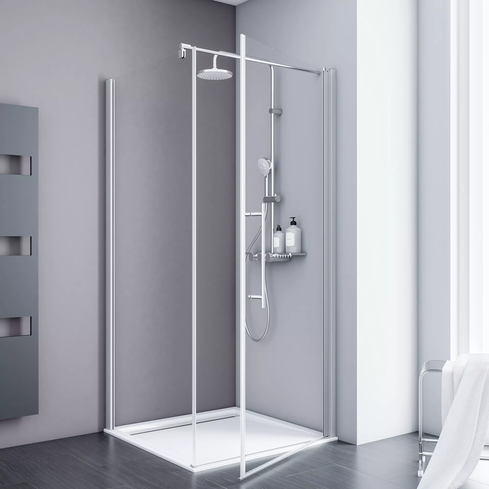 Bild von Schulte Drehtür mit Seitenwand 'Alexa Style 2.0' teilgerahmt, aluminiumfarben, 90 x 192 cm