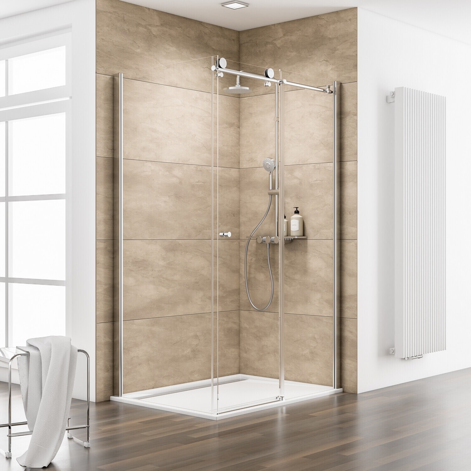Bild von Schulte ExpressPlus 72H MasterClass Klarglas hell Chromoptik 140 x 90 cm x 200 cm SW links (EP7081490-3 41 500 23)