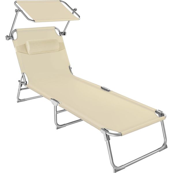 Bild von tectake® Sonnenliege mit Dach, Strandliege klappbar, leichte Gartenliege, Outdoor Liegestuhl mit Verstellbarer Rückenlehne, inkl. Kopfkissen - ideal für Balkon, Terrasse, Camping, Strand - beige