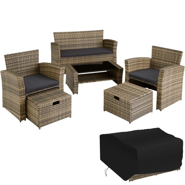 Bild von tectake Polyrattan Garten Sitzgruppe für 4 Personen mit Hocker, Rattan Gartenmöbel Set mit eingebauter Auflagenbox in der Sitzbank, Garten und Balkon Möbel - Natur