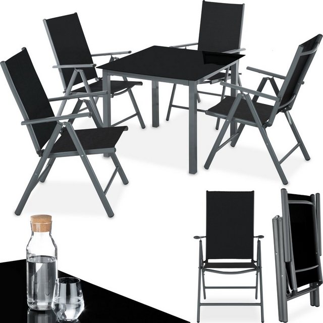Bild von tectake® Gartenmöbel Set mit Tisch und 4 klappbaren Stühlen mit Verstellbarer Rückenlehne, Aluminium Gartenmöbel 4+1, Sicherheitsglas Tischplatte, Gartentisch mit Stühlen, wetterfest - anthrazit