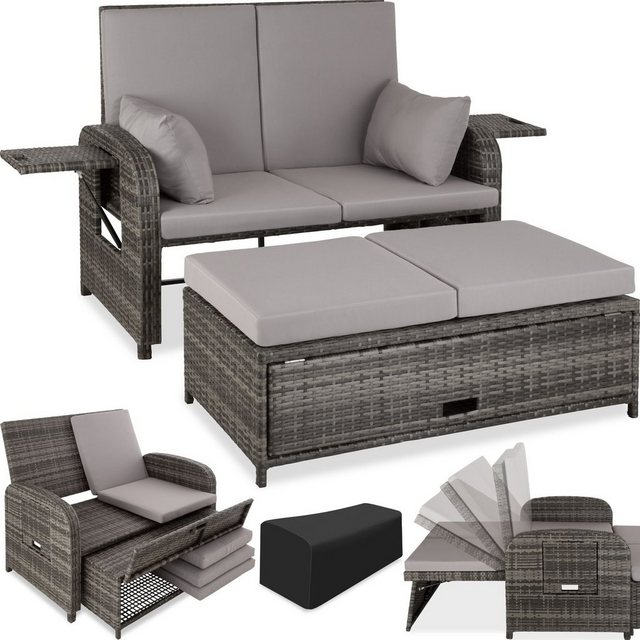 Bild von tectake® Poly Rattan Geflecht Lounge Set mit Hocker, Polsteraufbewahrung, 2er Sofa, Couch mit Verstellbarer Rückenlehne, wetterfest, Möbel für Balkon, Garten, Terrasse, Schutzhülle - grau
