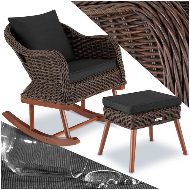 Bild von tectake® Poly Rattan Outdoor Schaukelstuhl mit Fußbank, Schaukelsessel mit Hocker, Sessel mit Sitzhocker als Gartenstuhl, Lounge Möbel Outdoor für Terrasse, Balkon, Garten - braun