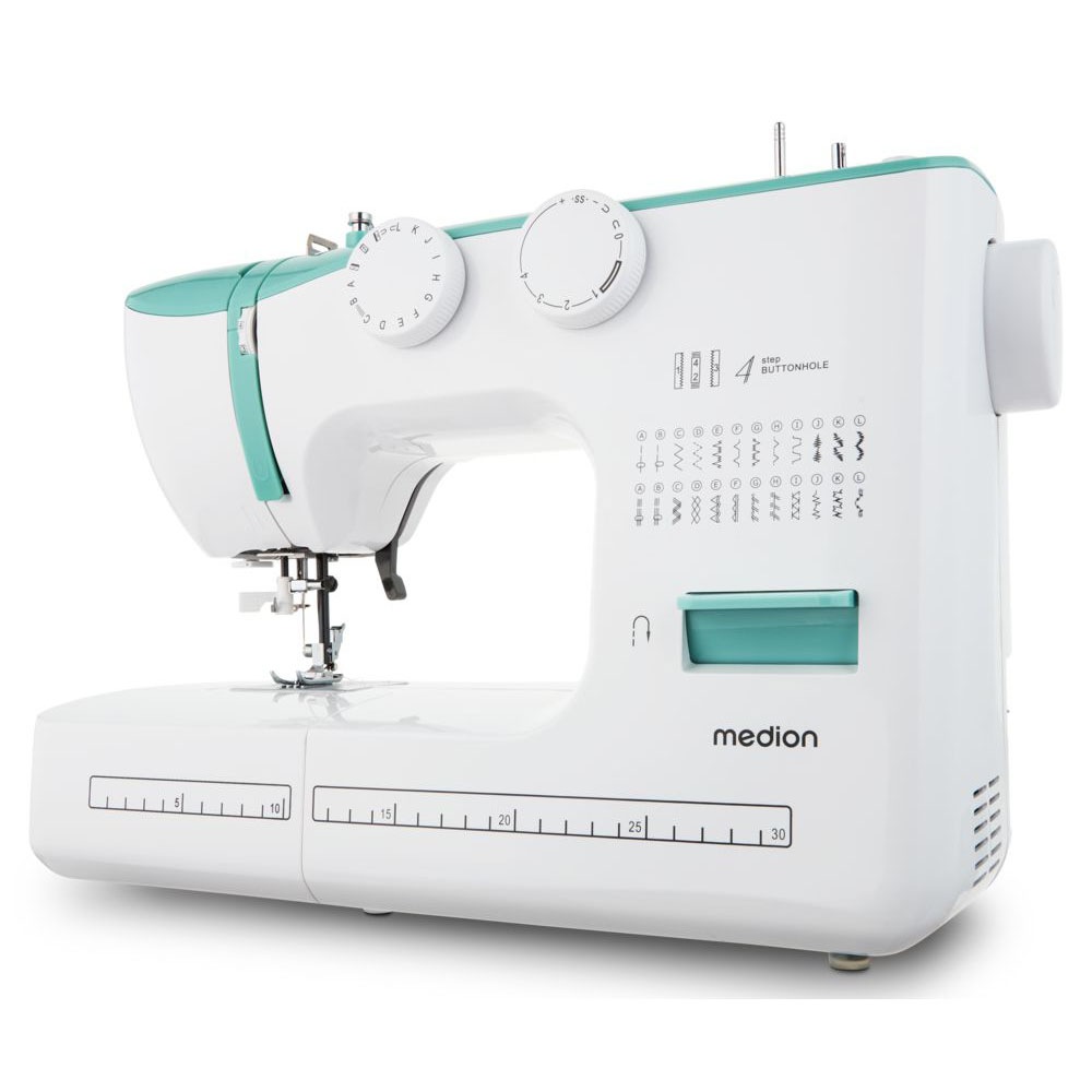 Bild von MEDION Freiarm-Nähmaschine "MD 10689, 60 Stichmuster, 4 Schritte Knopfloch", blau (türkis), B:42cm H:30cm T:17cm, Nähmaschinen, Rückwärtstaste, Automatische Einfädler, Doppelnadelfunktion, Nählicht