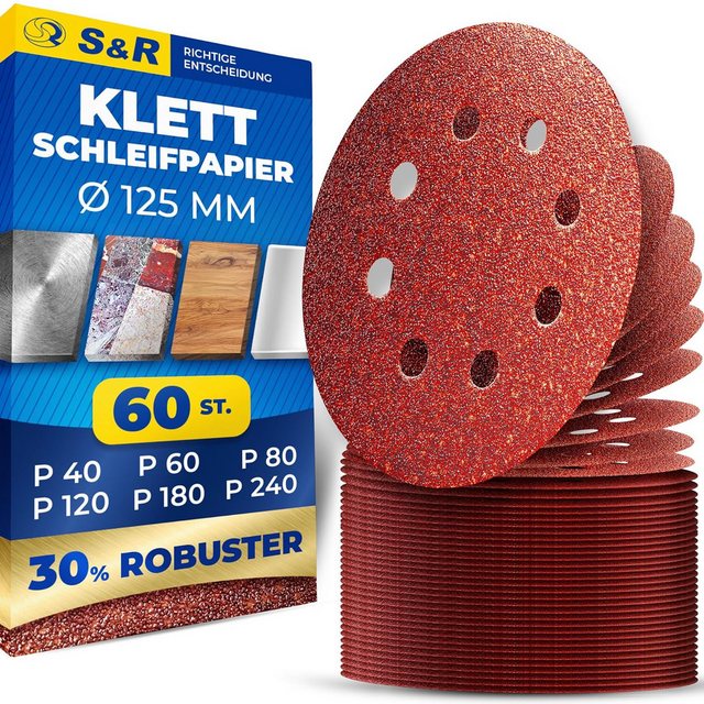 Bild von S&R Schleifpapier Klett Schleifpapier Professional, Set Ø 125 mm, (Set, 60 St., je 10x P40, P60, P80, P120, P180, P240), 8 Löcher, Schleifblätter für Exzenterschleifer