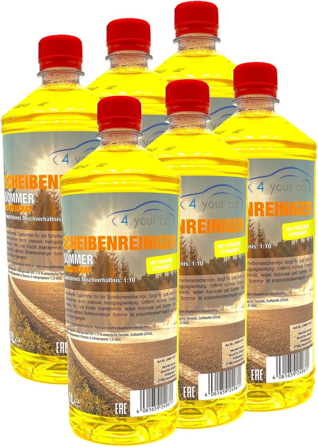 Bild von 4yourcar Scheibenreiniger Konzentrat Sommer mit Frischem Citrusduft 6x1 L Empfohlenes Mischverhältnis 1:10