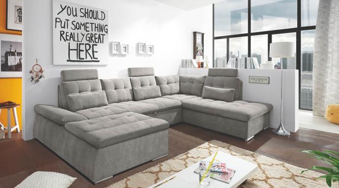 Bild von Stella Trading NALO Wohnlandschaft in U-Form, Stoffbezug Schlamm - Ausziehbares Sofa mit Schlaffunktion und Bettkasten - 324 x 107 x 170 (218) cm (B/H/T)