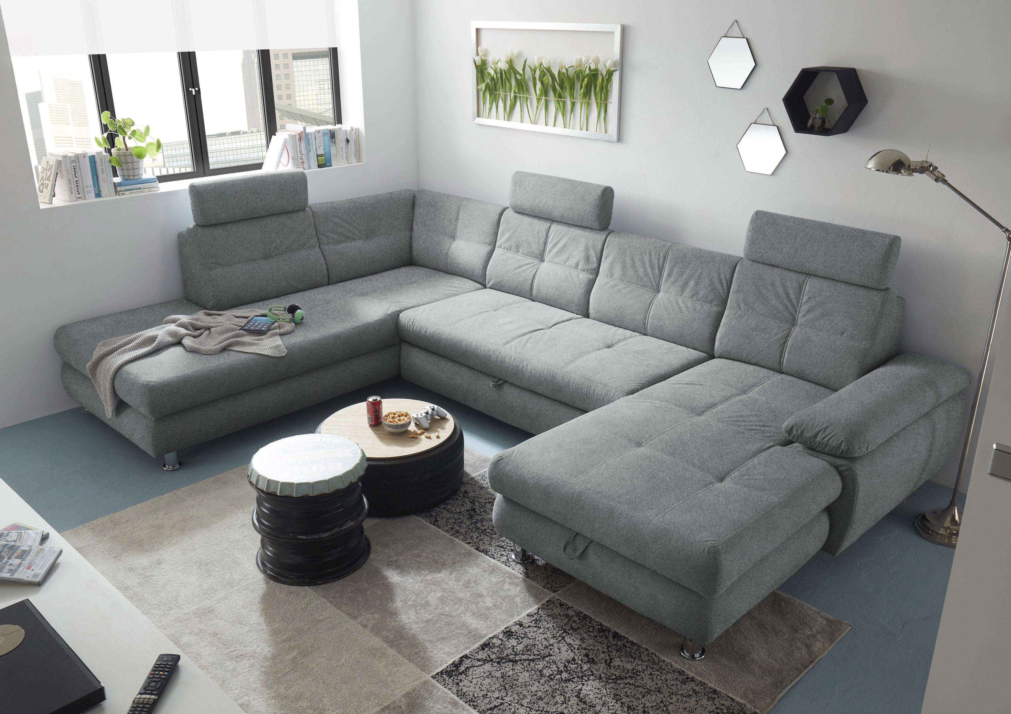 Bild von Stella Trading ALBA Wohnlandschaft in U-Form, Stoffbezug Grau 2 - Ausziehbares Sofa mit Schlaffunktion & Bettkasten - 349 x 88 x 233 cm (B/H/T)
