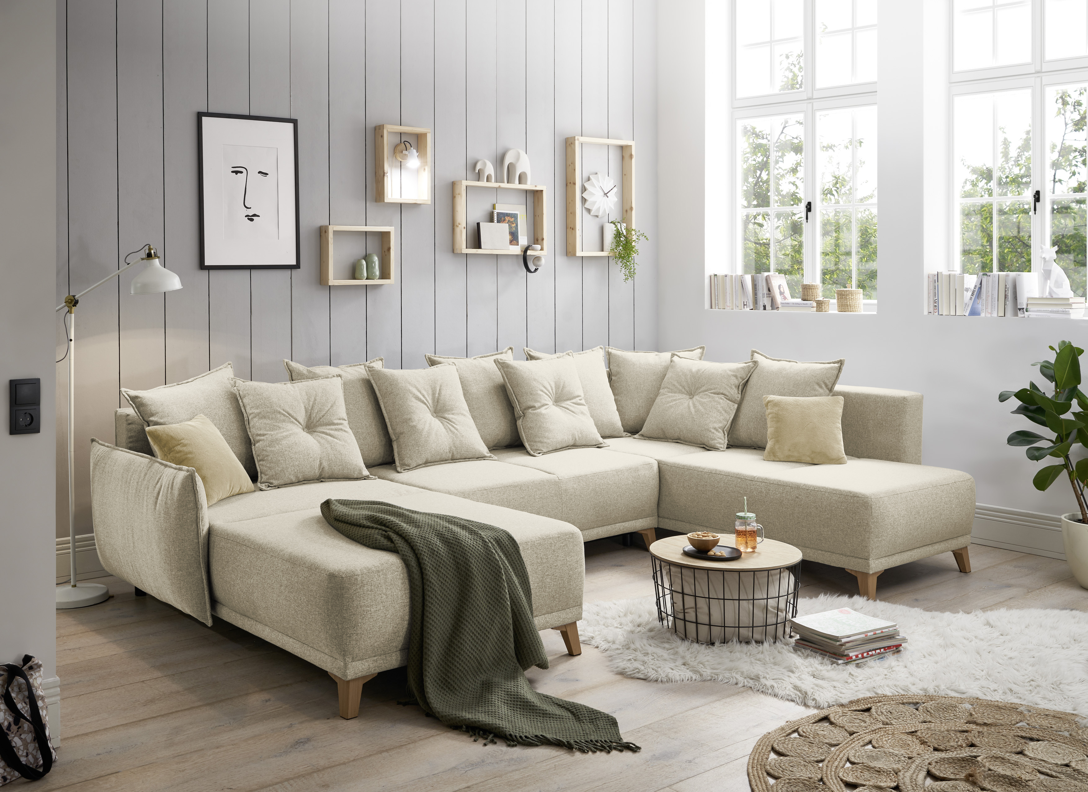 Bild von PAMPLONA Wohnlandschaft in U-Form, Beige - Ausziehbares Sofa mit Schlaffunktion und Bettkasten - 338 x 91 x 212 cm (B/H/T)