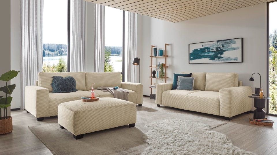 Bild von Sofa Set Elba von ED Exciting Design: Eleganz und Komfort in Perfektion - Modernes 2er &amp; 3er Sofa-Ensemble in Cord Bezug, Nosagfederung und Flockfüllung, optionaler Hocker, diverse Farben