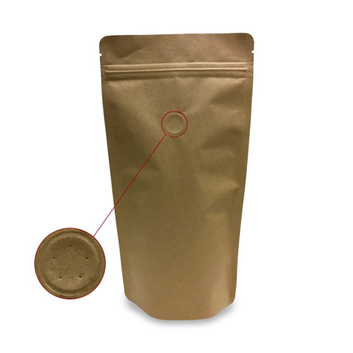 Bild von Standbodenbeutel Kraftpapier braun mit Aromaschutzventil - 165x265x100mm, 500 Stk.