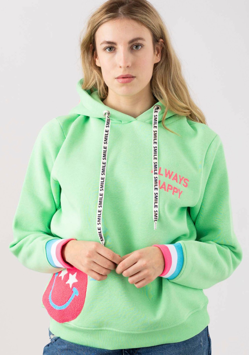 Bild von Zwillingsherz Hoodie "Always Happy", mit Smiley Aufdruck aus Frottee und Neon Details