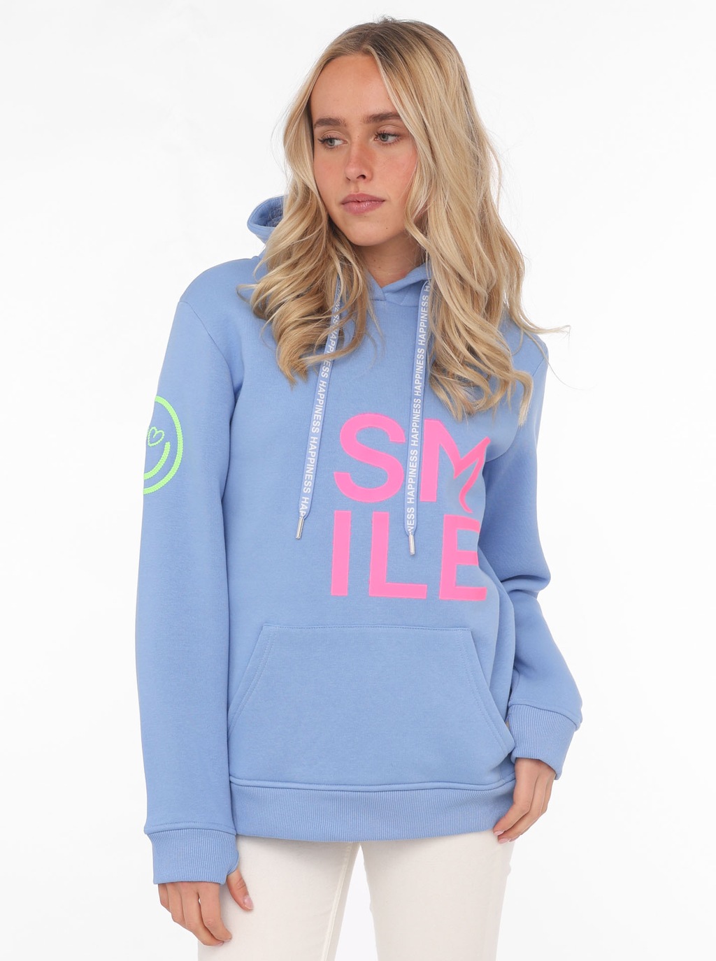 Bild von Zwillingsherz Sweatshirt, mit "Smile"-Aufdruck in Neonfarben und gesticktem Smiley am Ärmel