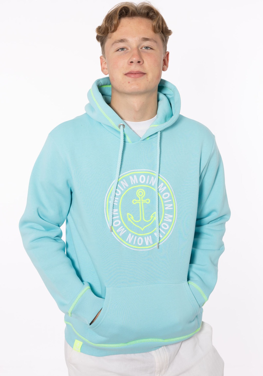 Bild von Zwillingsherz Hoodie ""Anker & Moin" Herren", mit neongelber Kontrastnaht