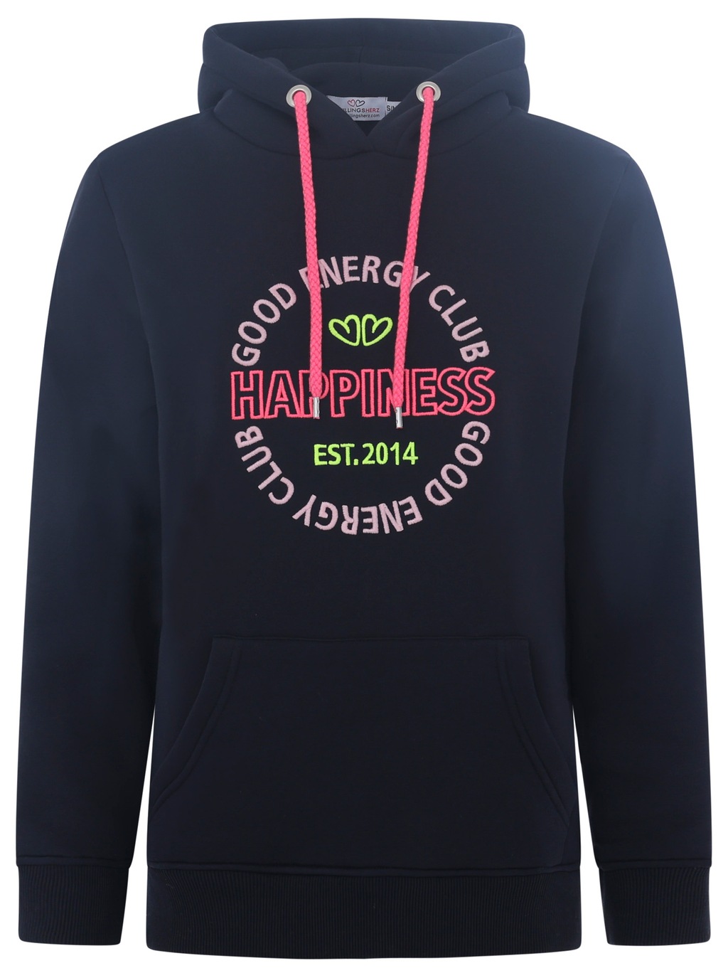 Bild von Zwillingsherz Sweatshirt, mit neonfarbenem Aufstick und Schriftzug am Rücken