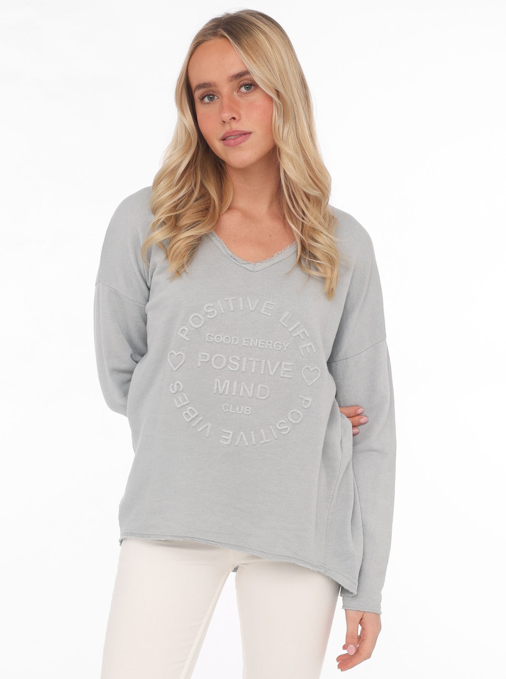 Bild von Zwillingsherz Sweatshirt "Sweatshirt BW "Positive Mind"", Sweatshirt im Used-Look mit V-Ausschnitt und Stempeldruck