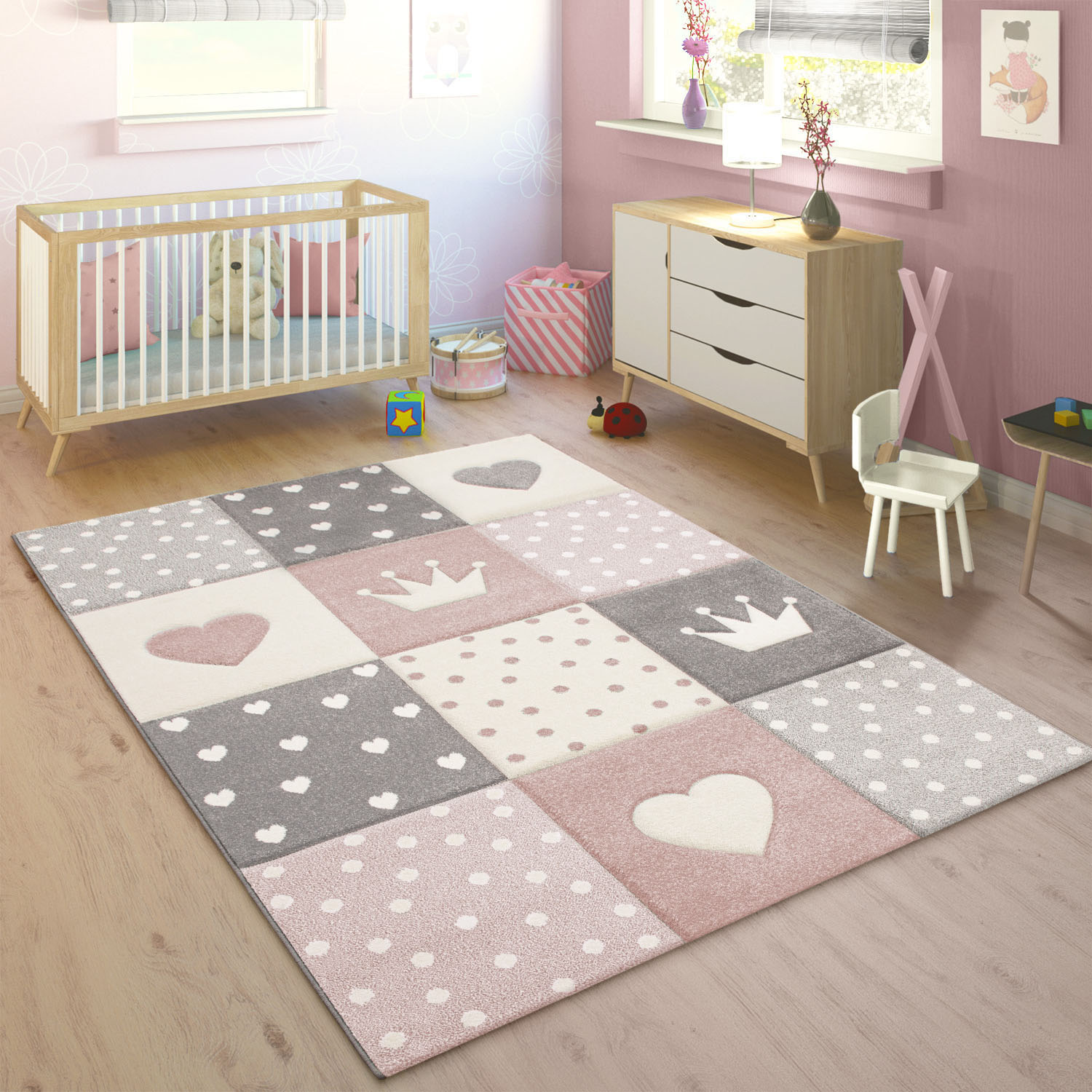 Bild von Paco Home Kinderteppich »Cosmo 339«, rechteckig, 16 mm Höhe, Kurzflor, Pastell-Farben, 3D-Effekt, Motiv Herz, Punkte & Krone