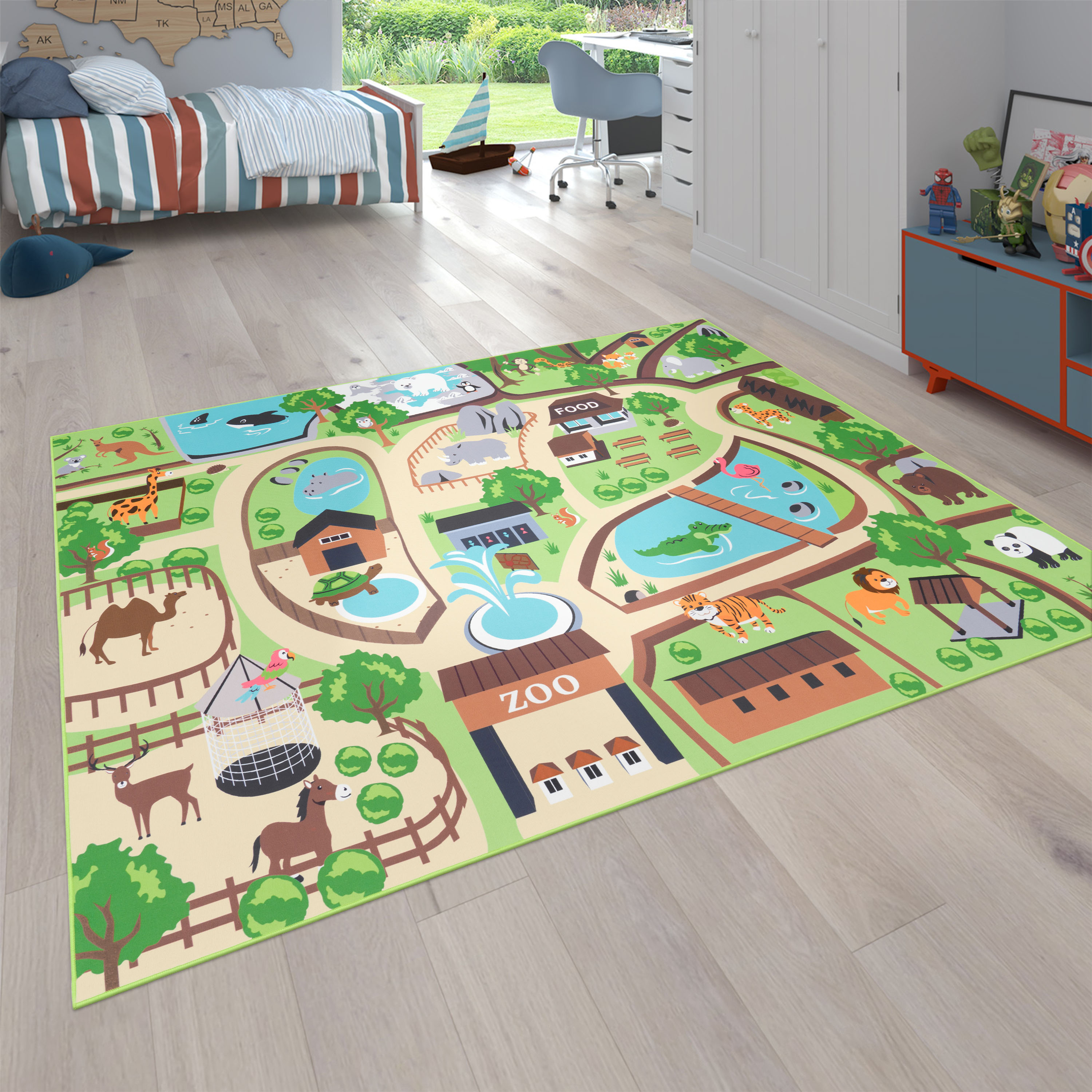 Bild von Paco Home Kinderteppich »Bino 563«, rechteckig, 4 mm Höhe, Kurzflor, Straßen-Spiel-Teppich, Motiv Zoo, Kinderzimmer