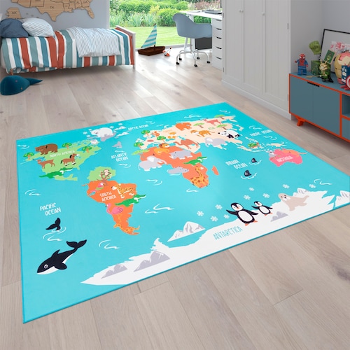Bild von Paco Home Kinderteppich "Bino 564", rechteckig, 4 mm Höhe, Kurzflor, Motiv Weltkarte, Kinderzimmer