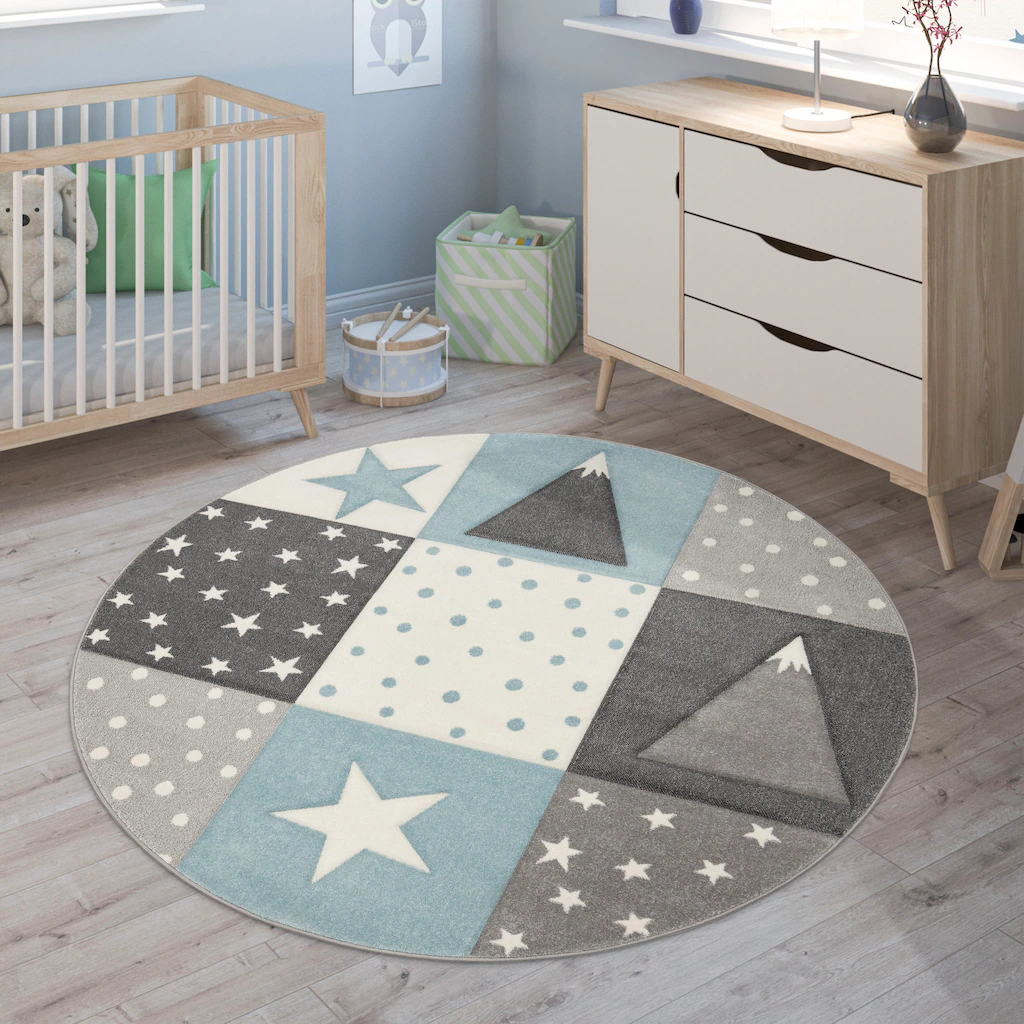 Bild von Kinderteppich Teppich Kinderzimmer Junge Mädchen Pastell Modern Kariert Punkte Mond Sterne Weiß Grau Blau, Grösse:Ø 160 cm Rund