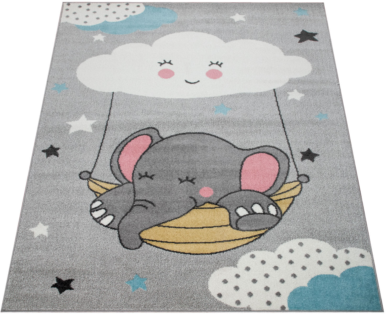 Bild von Paco Home Kinderteppich »Nino 881«, rechteckig, 13 mm Höhe, Spielteppich, Kurzflor, Motiv Wolke, Sterne & Elefant, Kinderzimmer