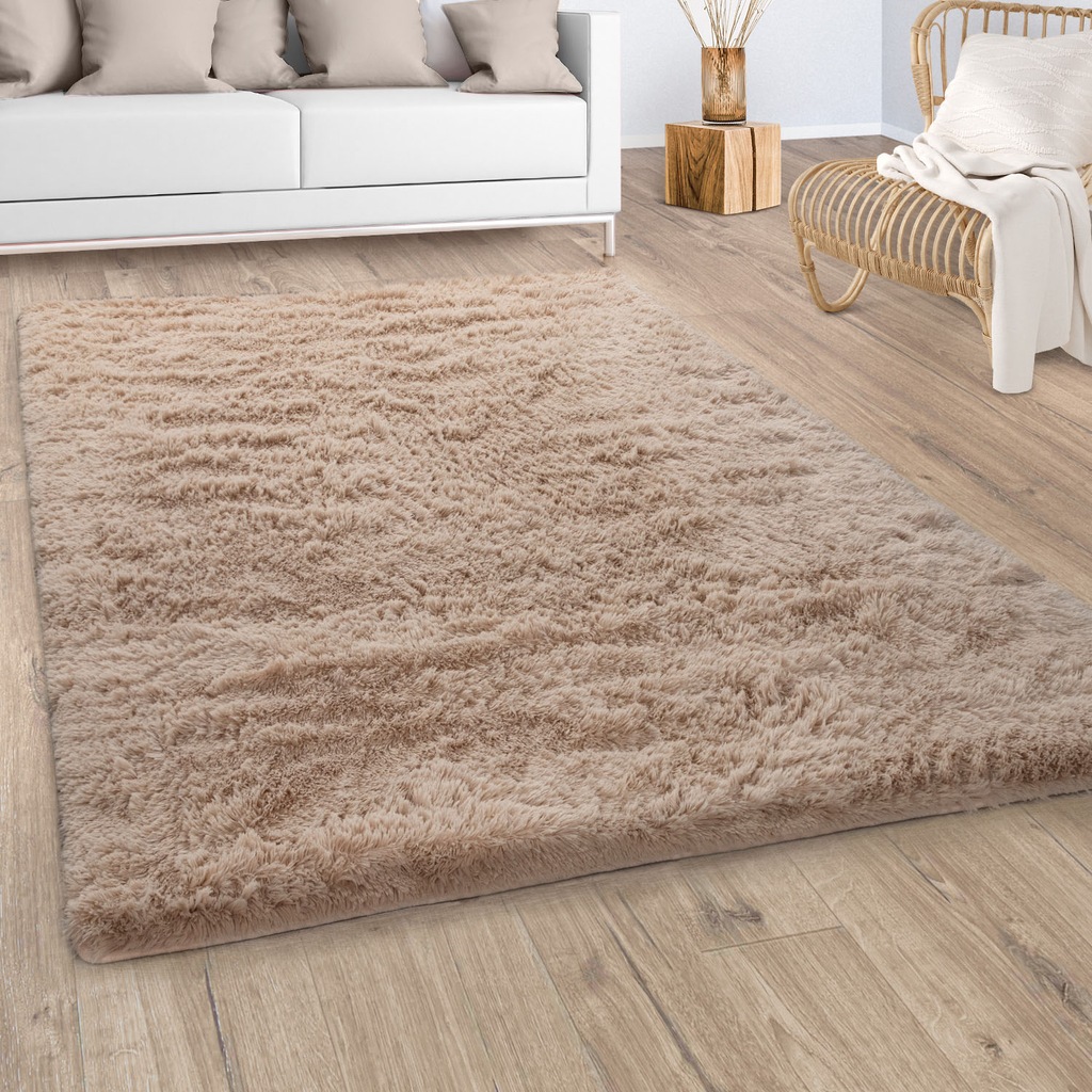 Bild von Paco Home Hochflor Teppich Wohnzimmer Shaggy Moderner Fellteppich Imitat Kunstfell Flauschig rutschfest Einfarbig Beige, Grösse:160x220 cm