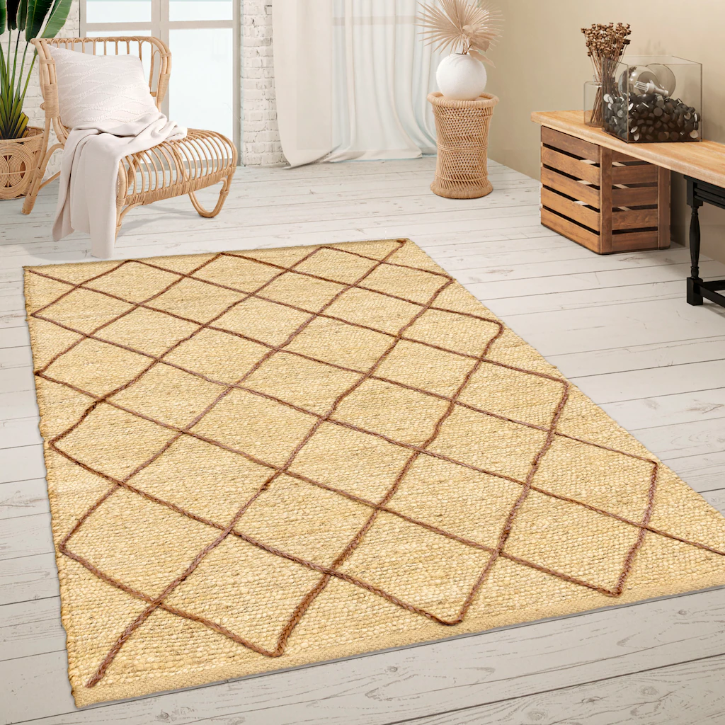 Bild von Paco Home Teppich Wohnzimmer Jute Naturfaser Handgearbeitet Modernes Skandi 3D Muster, Grösse:80x150 cm, Farbe:Creme