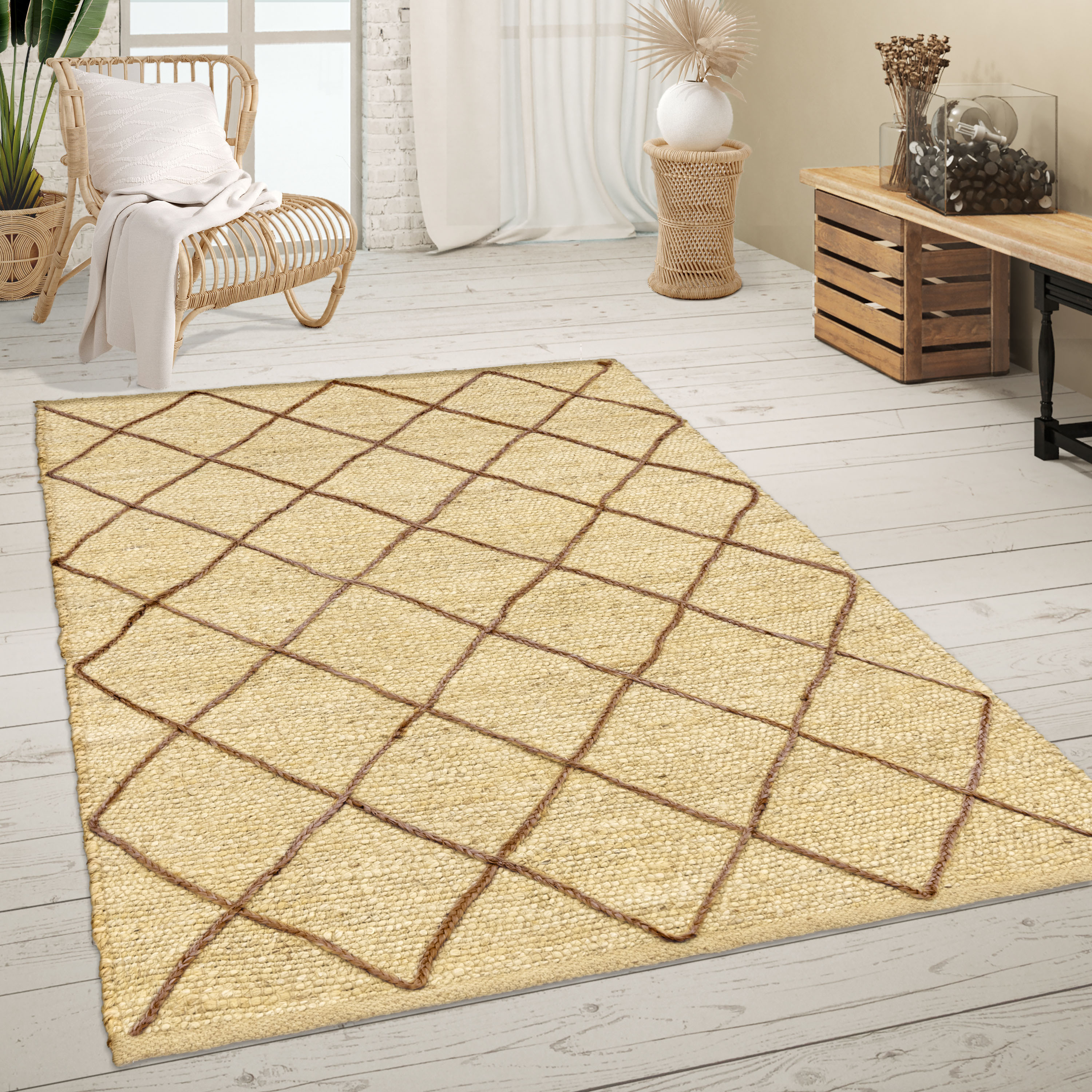 Bild von Paco Home Teppich Wohnzimmer Jute Naturfaser Handgearbeitet Modernes Skandi 3D Muster, Grösse:240x340 cm, Farbe:Creme