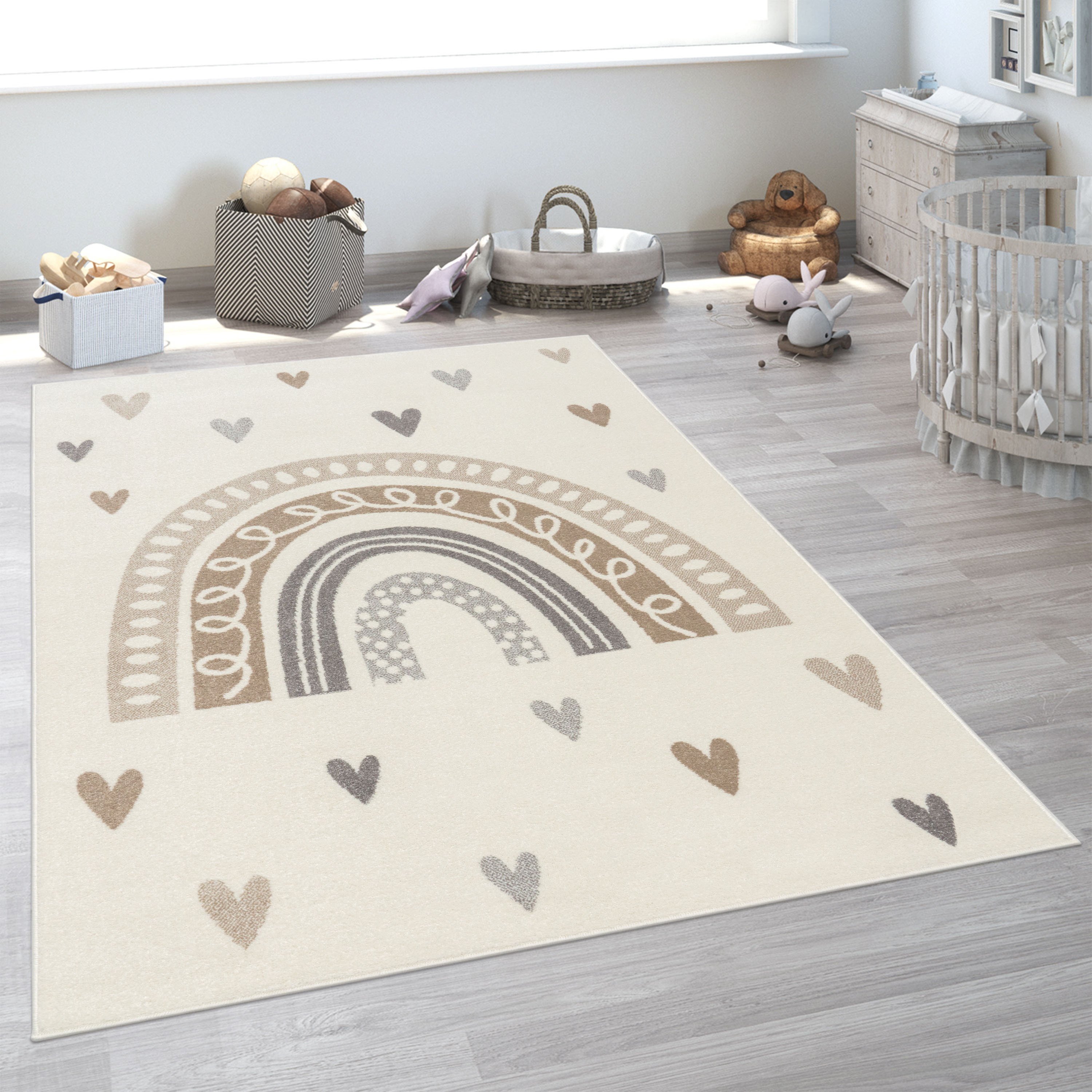 Bild von Paco Home Kinderteppich "Nino 887", rechteckig, 13 mm Höhe, Kurzflor, Spielteppich, Motiv Regenbogen & Herzen, Kinderzimmer