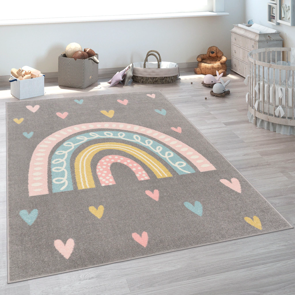 Bild von Paco Home Kinderteppich "Nino 887", rechteckig, 13 mm Höhe, Kurzflor, Spielteppich, Motiv Regenbogen & Herzen, Kinderzimmer