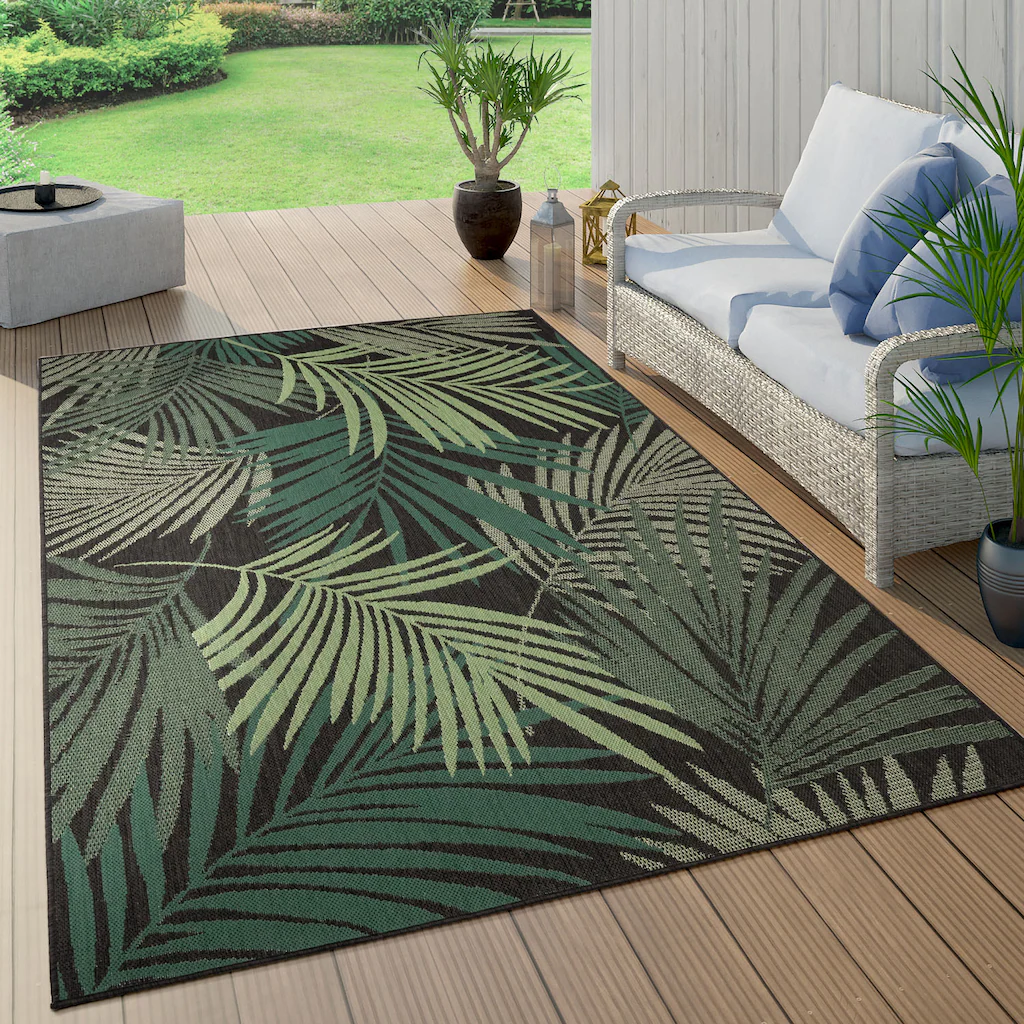 Bild von Paco Home Teppich "Ostende 534", rechteckig, 4 mm Höhe, Flachgewebe, Motiv Palmenblätter, In- und Outdoor geeignet, Wohnzimmer