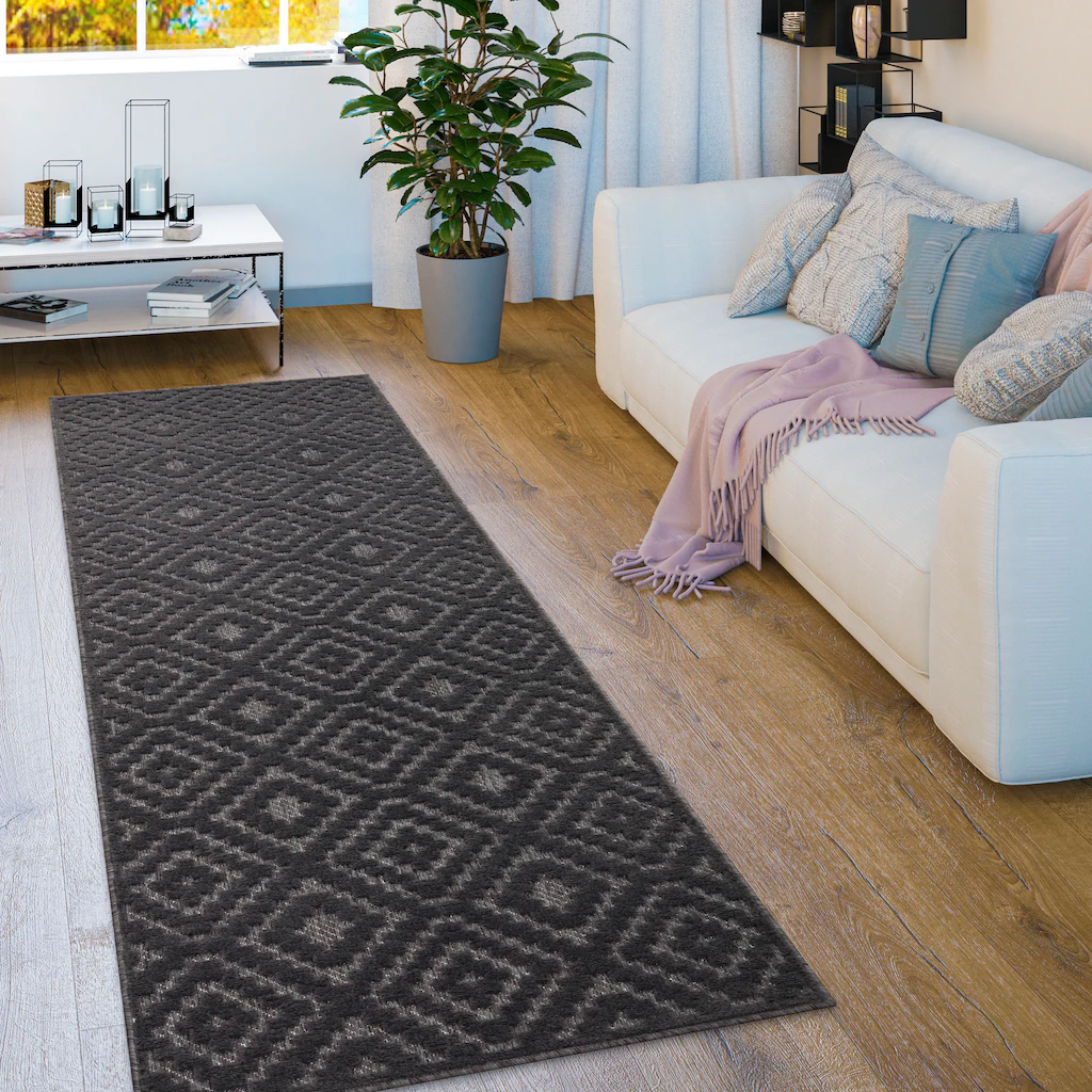 Bild von Paco Home Outdoor Teppich Wetterfest Balkon Boho Wohnzimmer Küche Skandinavisch Muster Einfarbig 3D Effekt Modern, Grösse:80x250 cm, Farbe:Anthrazit 2