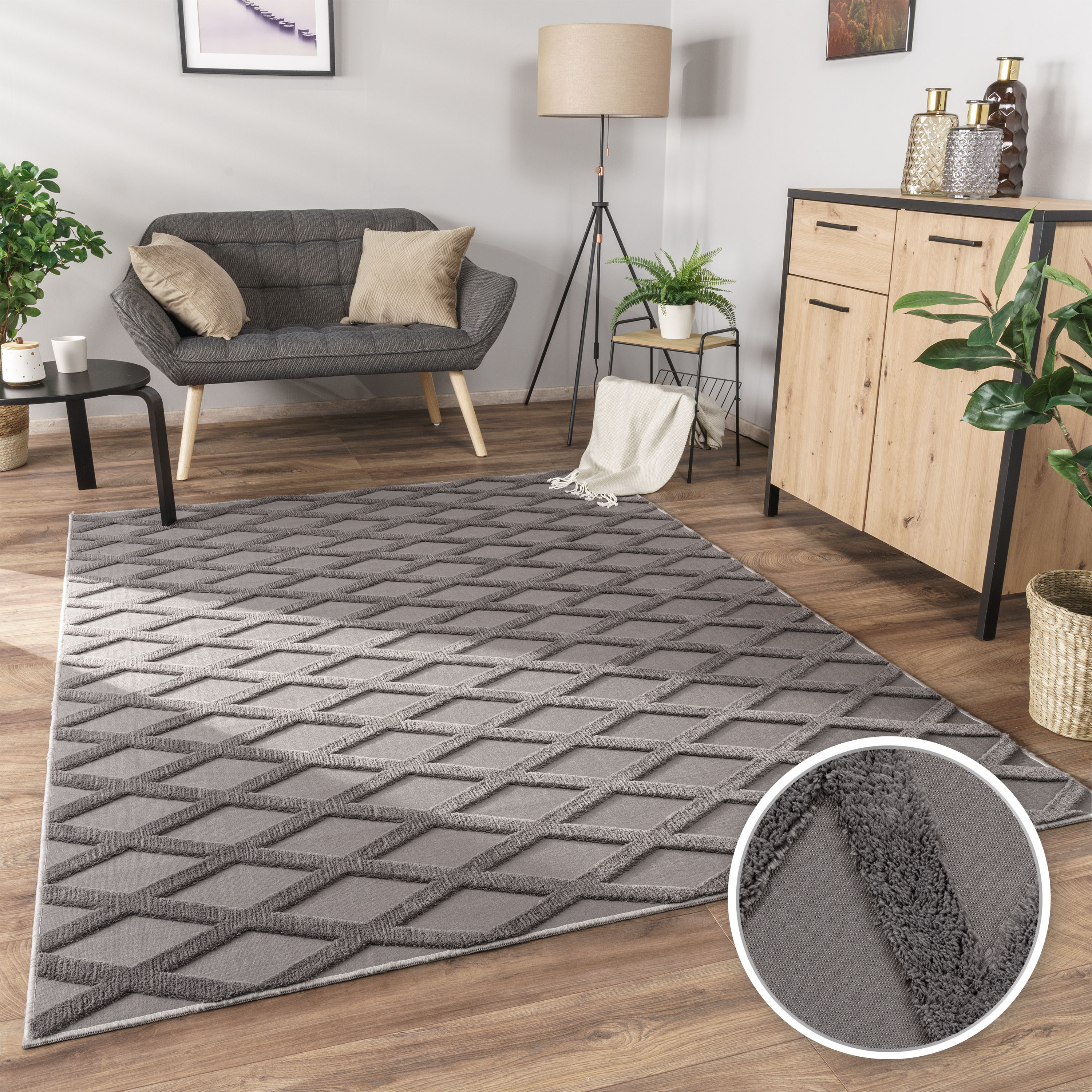 Bild von Paco Home Teppich »Utrecht 642«, rechteckig, 4 mm Höhe, Kurzflor, Uni Farben, 3D-Design, Rauten Muster, Hoch-Tief Effekt