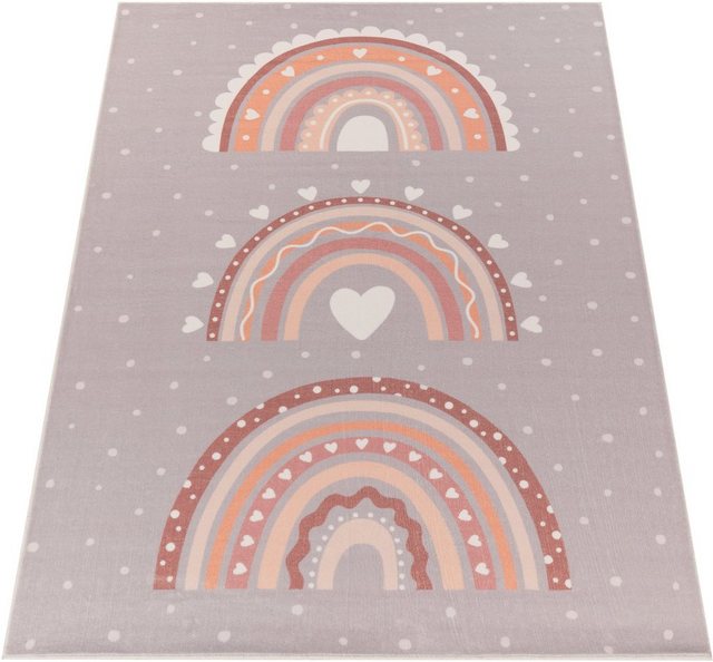 Bild von Paco Home Teppich Kinderzimmer Kinderteppich Spielteppich Kurzflor rutschfest Krone Herzen Punkte Sonne Regenbogen Buchstaben, Grösse:200x280 cm, Farbe:Grau-Beige