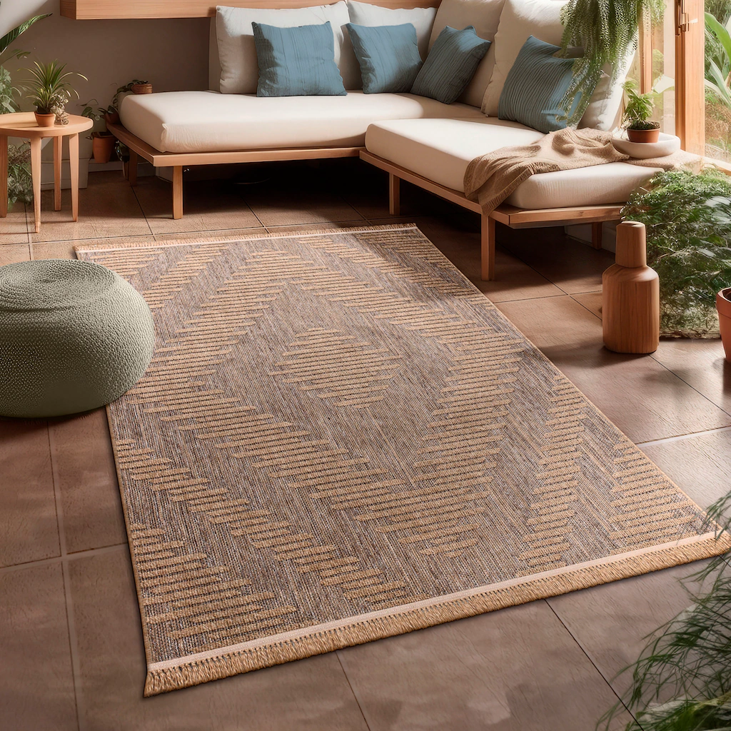 Bild von Paco Home Outdoor Teppich Wetterfest Wohnzimmer Balkon Boho Muster Fransen 3D Effekt Floral Geometrisches Design, Grösse:240x340 cm, Farbe:Beige 4