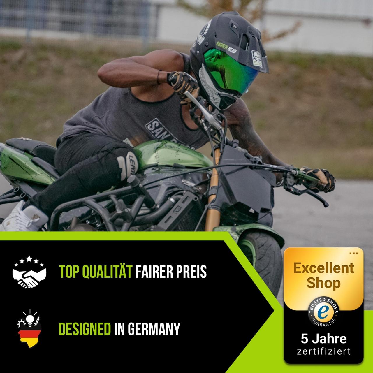 Bild von Broken Head Endurohelm Street Rebel Grün + Grün Verspiegeltes Visier